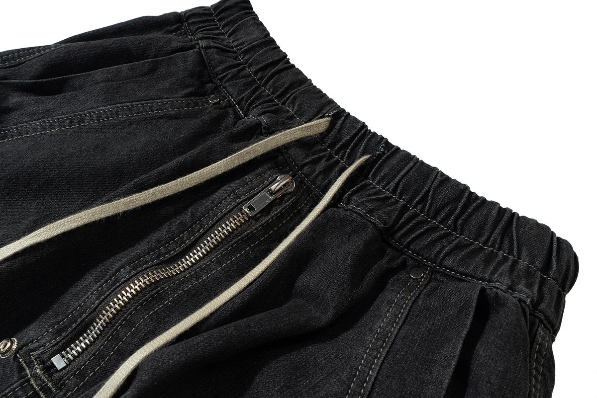 ro style ribbons streetwear multi pockets cargo short for men elastic waist wide leg baggy jeans knee length pants loose overall unique cargo style 4351