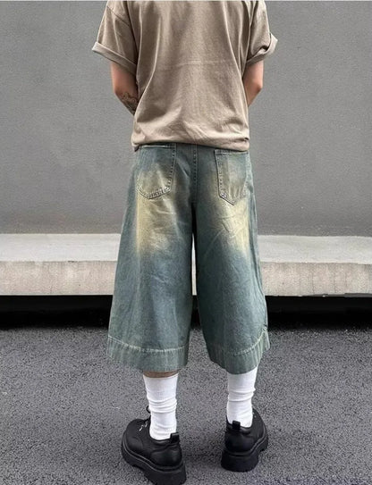 Summer Trend Denim Cropped Trousers Mens American Hip Hop Washed Wide Leg Shorts Unisex  High Street Straight Cowboy Mid Pants Street King Limited