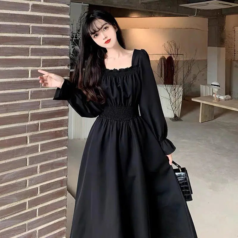 Black Elegant Dress Women Vintage Long Sleeve Spring Autumn Dresses Square Collar Oversize Loose Casual Robe Streetwear Street King Limited