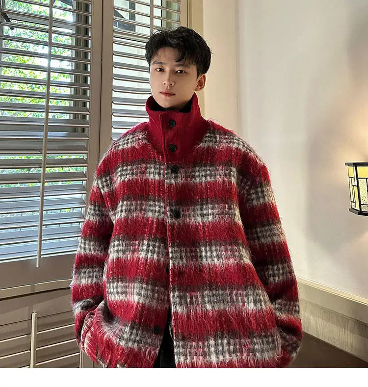 men turtleneck trendy brand fashion stripe christmas woolen bomber jacket women oversize plaid top coat outerwear unique default style 1151