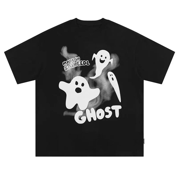 Men T Shirts Cute Ghost Print Short Sleeve Tshirt Gothic Punk Rock Tees Harajuku Loose Cotton Tops Streetwear Black White Unisex Street King Limited