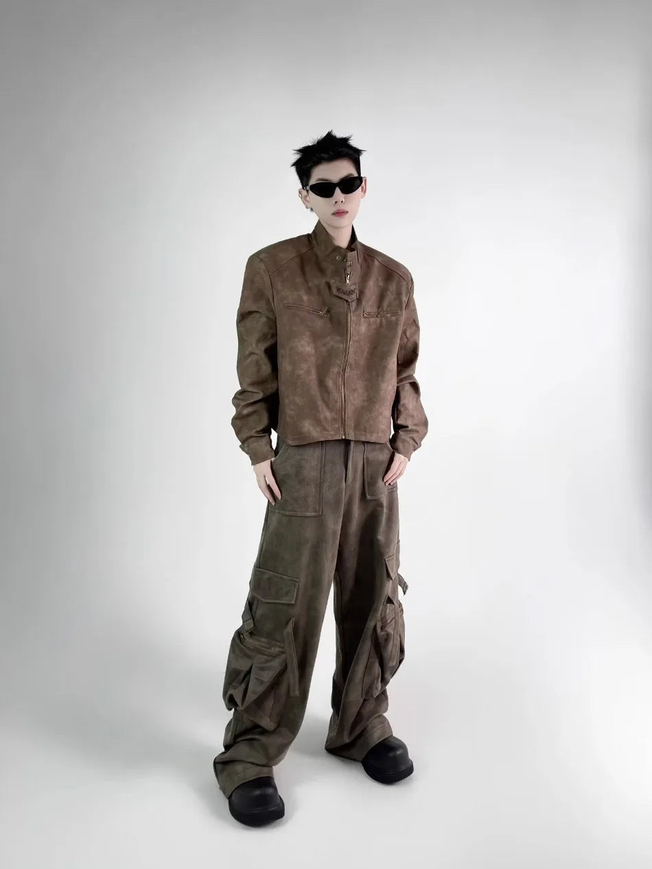retro motorcycle pu leather jacket mens brown coffee short punk stand collar bomber coats spring high street racing suit new unique shorts style 3345