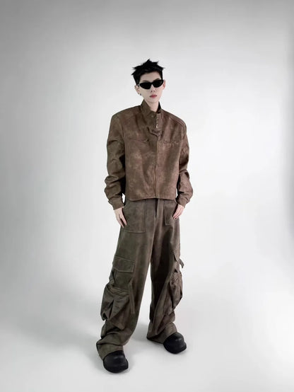 retro motorcycle pu leather jacket mens brown coffee short punk stand collar bomber coats spring high street racing suit new unique shorts style 3345