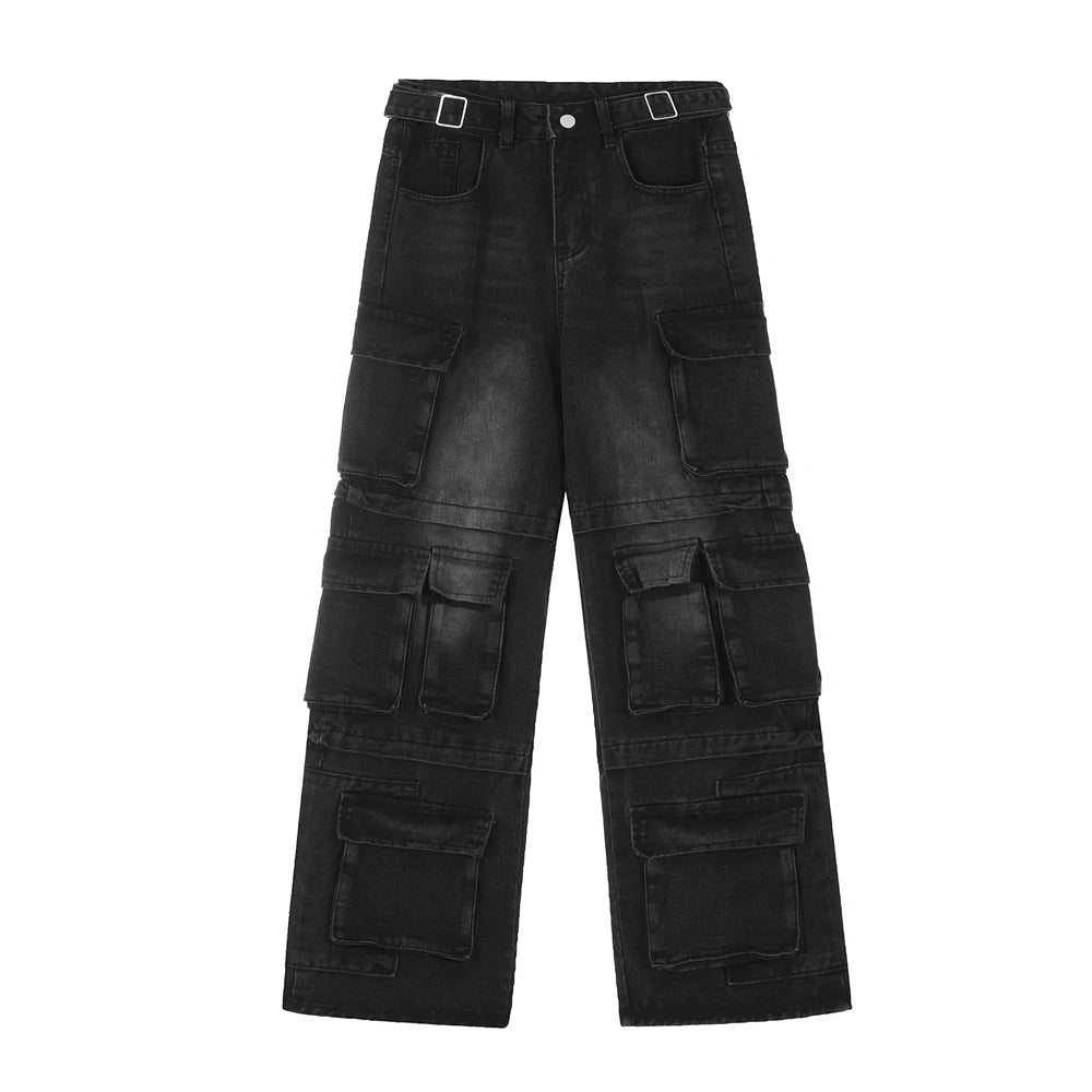 vintage multi pocket jeans mens harajuku cargo denim pants retro hip hop straight loose jean pants men clothing unique cargo style 583