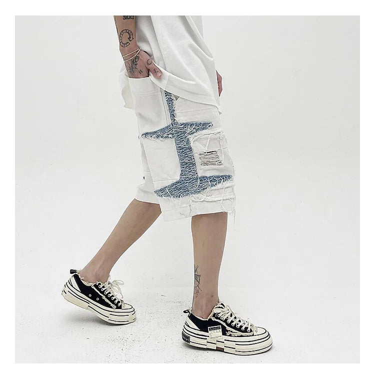 Mens High Street Denim Jean Shorts Casual Loose Destroyed Ripped Holes Loose Shorts Patchwork Hip Hop Streetwear Short Joggers Street King Limited