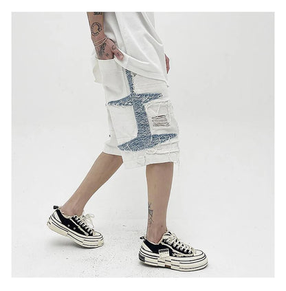Mens High Street Denim Jean Shorts Casual Loose Destroyed Ripped Holes Loose Shorts Patchwork Hip Hop Streetwear Short Joggers Street King Limited