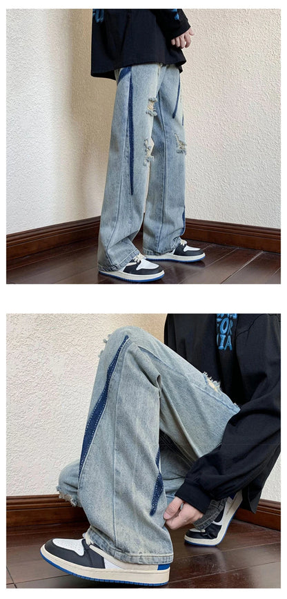 summer high street ripped jeans mens hip hop vintage design punk denim trousers hombre harajuku fashion casual y2k baggy jean unique jeans style 3173