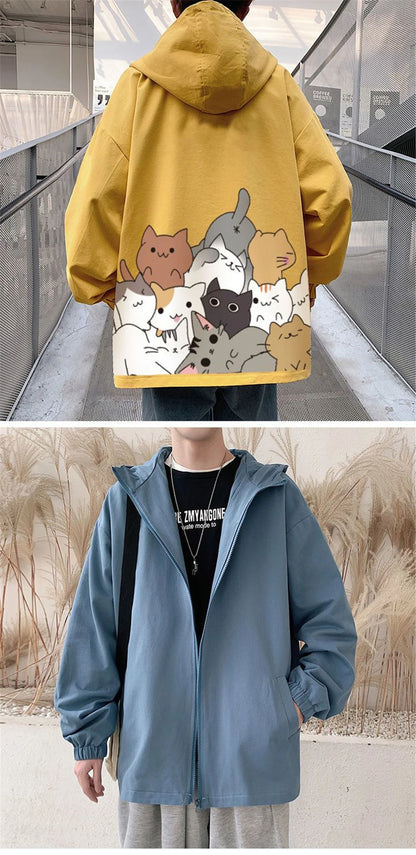 Black Cat Print Baseball Jacket Boys Long Sleeve Loose Ins Harajuku High Street Tops Streetwear Gothic Gray Bomber Jacket Men Street King Limited