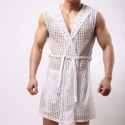 Men Robes Brand Male Sexy Bathrobe Sleepwear Sleeveless Bath Robe Sleep Lounge Badjas Cutout Cardigan Loungewear Mesh Menswear Street King Limited