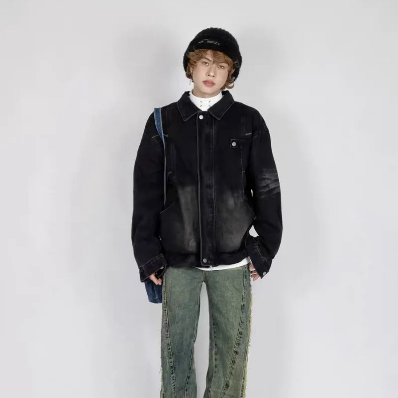 high street washed denim jacket mens 2024 spring trend oversize hip hop male coats color blocking motorcycle street outwear y2k vintage washed jeans