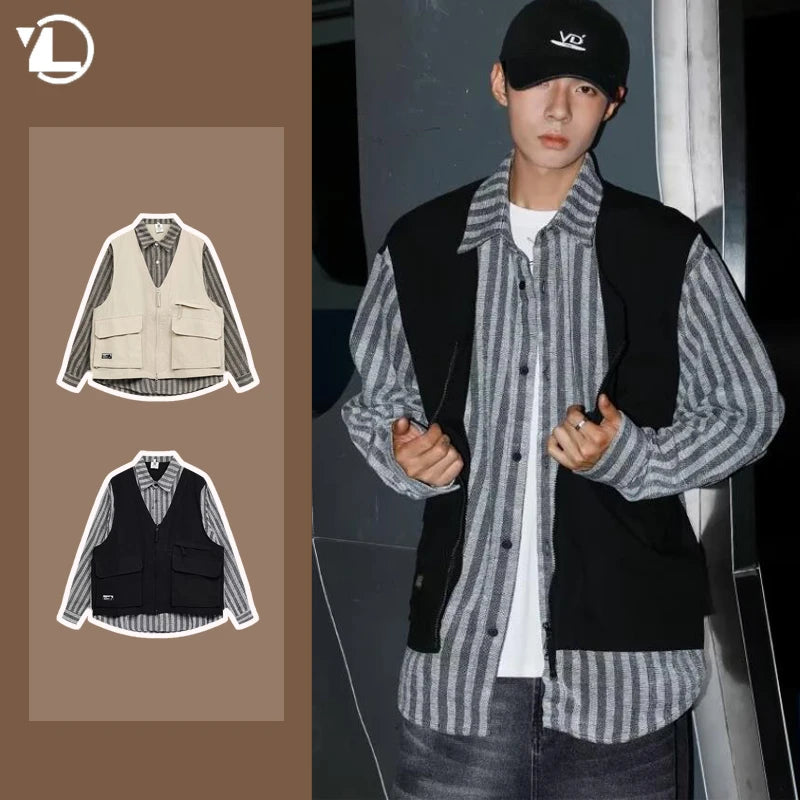 striped mens shirt jacket 2024 spring japanese street color blocked fake two coats vest tooling trend zipper long sleeved tops urban fashion pants