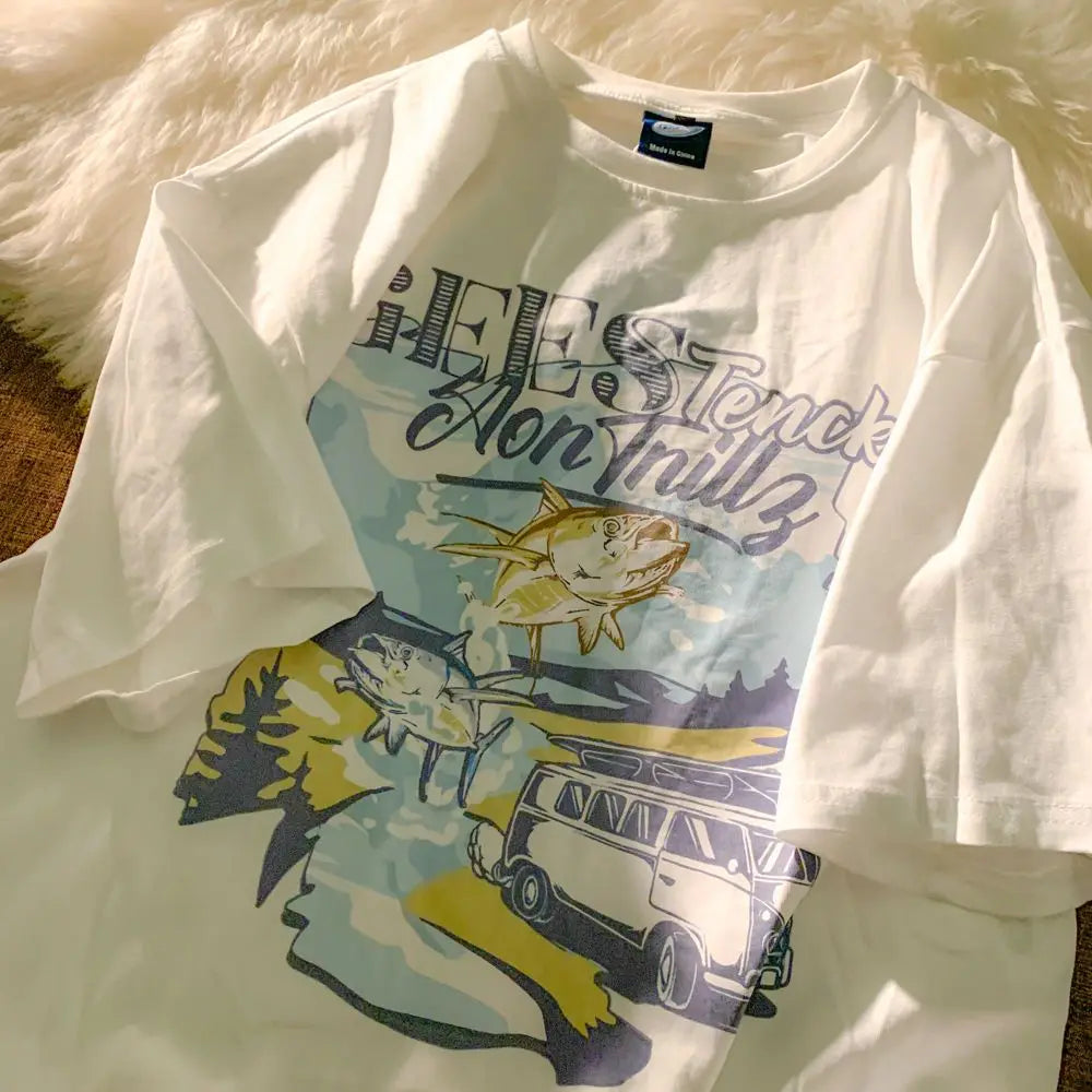 Pure cotton Japanese milk yellow cartoon car print short-sleeved T-shirt for men and women trendy loose and versatile clothes Street King Limited