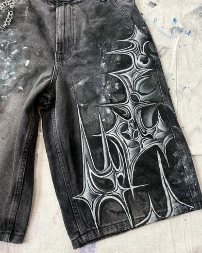 y2k american street retro graffiti anime print oversized denim shorts men shorts high waist fashion loose casual wide leg pants ripped baggy denim