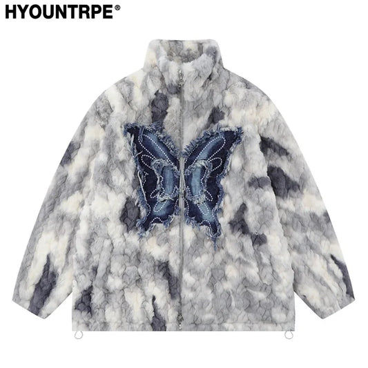 mens hip hop fleece jackets coats patchwork butterfly stand collar jacket parka zipper warm hairy jacket coat outerwear hipster urban fashion pants