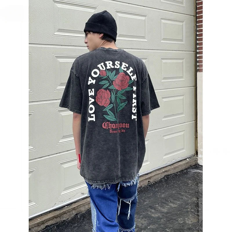 Retro back rose print washed distressed t-shirt national fashion brand pure cotton short-sleeved men's couple wear half-sleeved Street King Limited