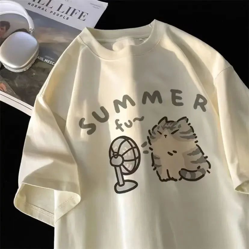 American Street Creative Blow Fan Cat Print Cotton T-shirt for Men and Women Summer Y2K Loose Couple Wear Round Neck INS Top Street King Limited