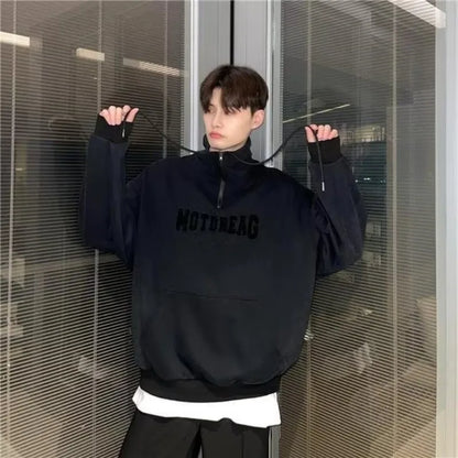 Street Half Zip Hoodie Mens Spring New Vintage Letter Embroidery Loose Sweatshirt Drawstring High Collar Big Pocket Pullover Top Street King Limited