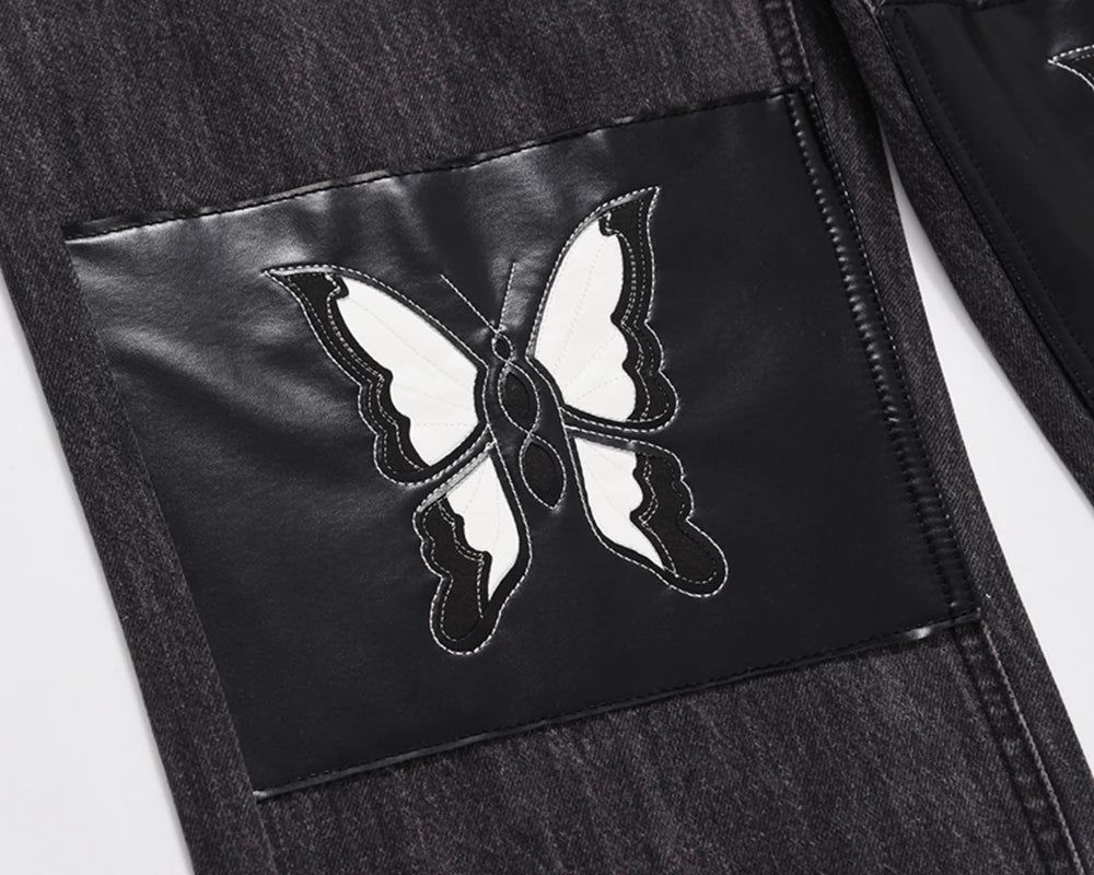 retro pu leather butterfly embroidery black jeans for men straight patchwork casual baggy denim pants loose jean trousers unique jeans style 1269