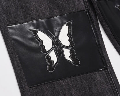 retro pu leather butterfly embroidery black jeans for men straight patchwork casual baggy denim pants loose jean trousers unique jeans style 1269