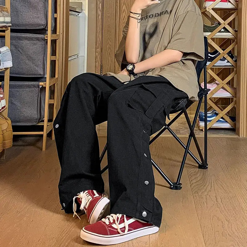 Fashionable Korean style gothic buttoned overalls pants men summer Harajuku street y2k hip hop casual retro sports pants Street King Limited