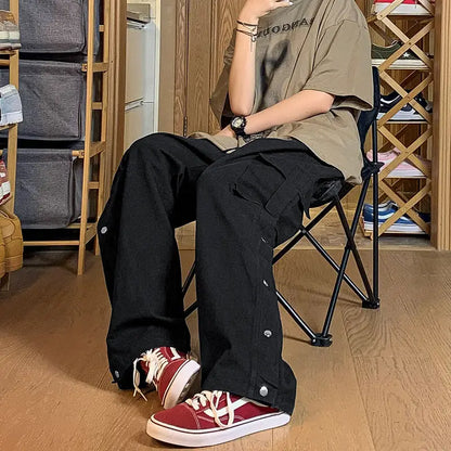 Fashionable Korean style gothic buttoned overalls pants men summer Harajuku street y2k hip hop casual retro sports pants Street King Limited