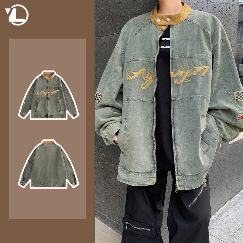 motorcycle hip hop mens cowboy jackets autumn 2024 embroidered washed trend denim coats stand collar color blocking outwear denim street jeans