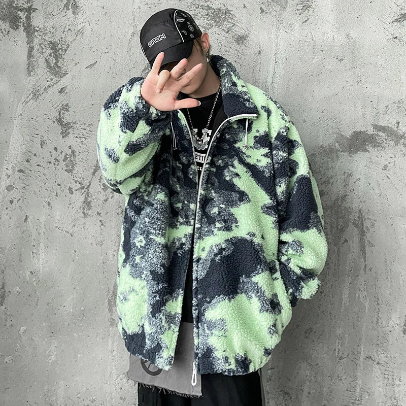 winter lambswool coat men casual streetwear grimace print parka hip hop grain fleece coat loose college warm outwear unisex new relaxed fit trousers