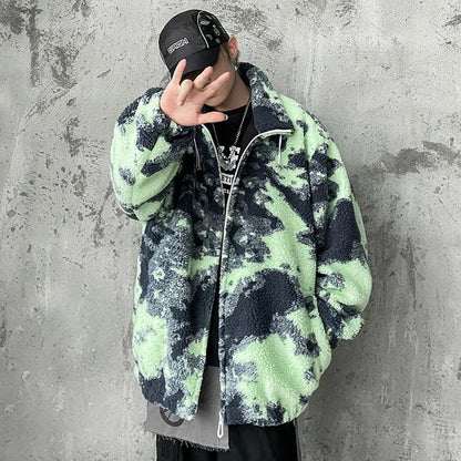 winter lambswool coat men casual streetwear grimace print parka hip hop grain fleece coat loose college warm outwear unisex new relaxed fit trousers