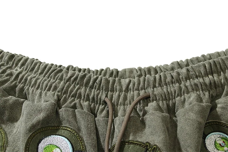 Japanese Eyes Embroidery Washed Military Green Worn Canvas Shorts for Men Summer Pockets Baggy Cargo Short Oversized Street King Limited