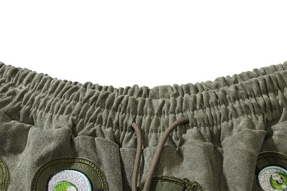 Japanese Eyes Embroidery Washed Military Green Worn Canvas Shorts for Men Summer Pockets Baggy Cargo Short Oversized Street King Limited