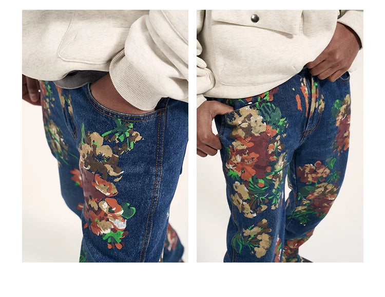 graffiti floral printed denim jean mens new casual zipper biker jeans fashion high street slim fit pants joggers hip hop jeans unique joggers style 562