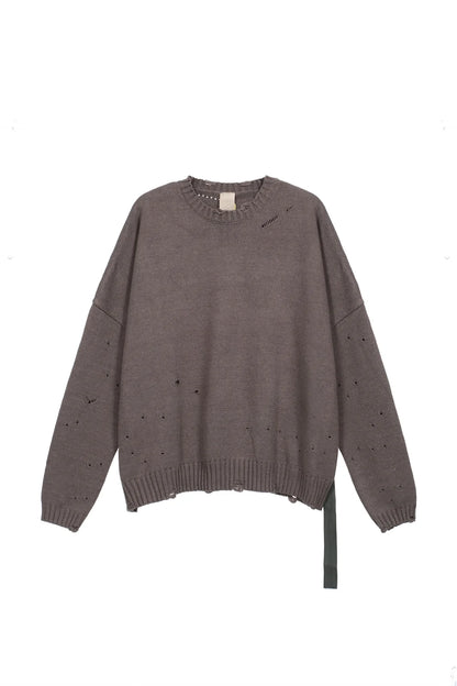 Undermycar 2023 New High Street Fashion Brand Worn Out Hole Large Loose Round Neck Sweater Brown Street King Limited
