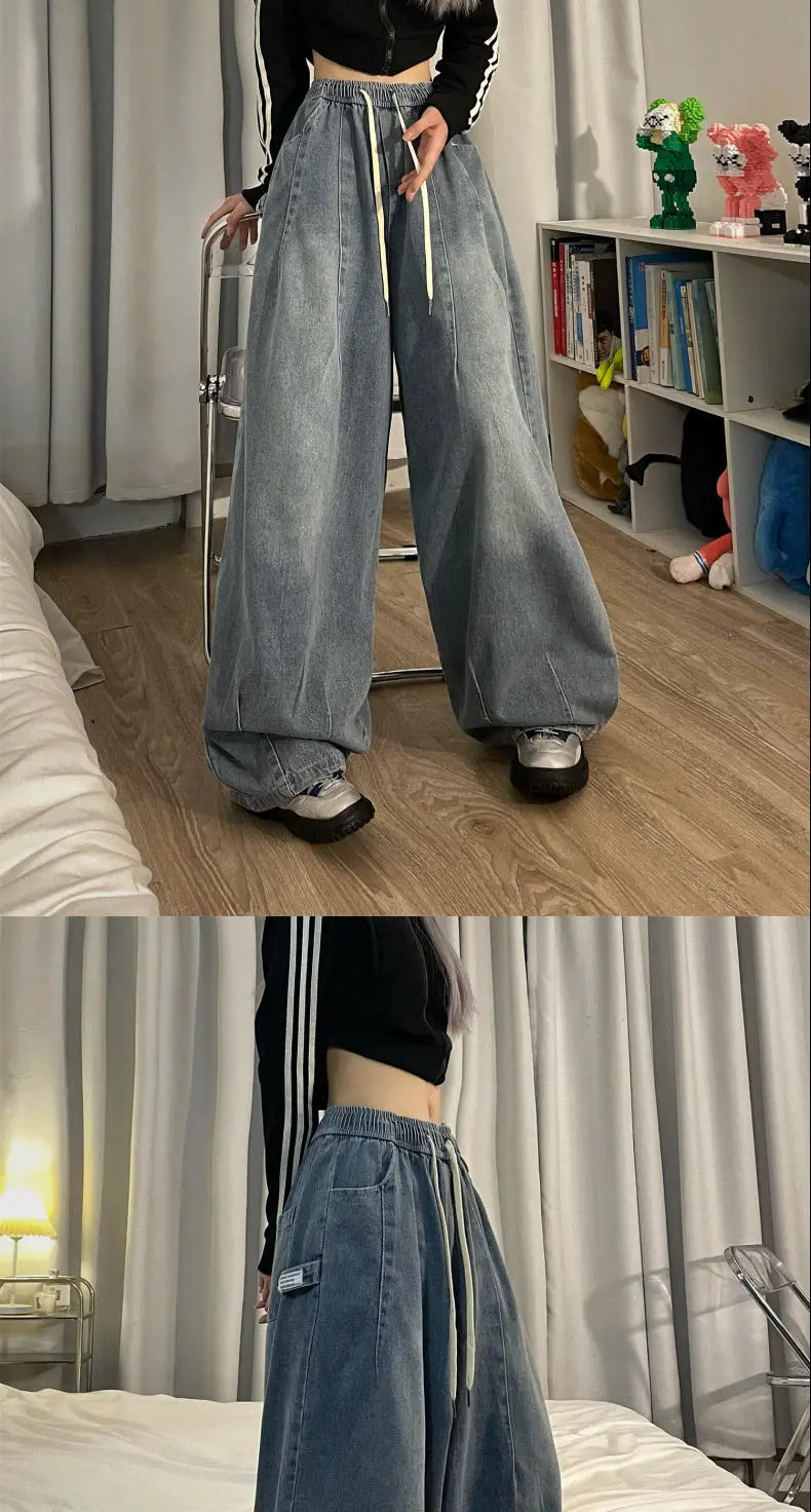 american retro trend personalized elastic band straight leg jeans for men and women loose and wide leg floor length casual pants unique jeans style 4538