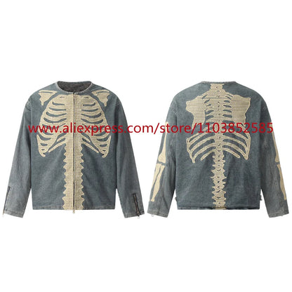 vintage mens long sleeved denim jacket high street oversized washed bone embedding tops clothing autumn winter 2024 heavyweight unique jeans style 1331