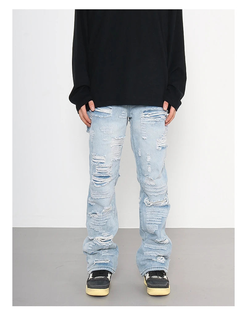men distressed ripped destroied holes denim jean pants fashion zipper biker jeans streetwear flare pants joggers y2k men s jeans unique joggers style 2787