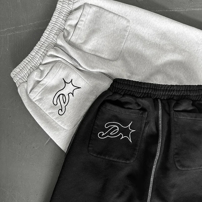 Fashion Drawstring Leg Tie Pants Street Casual Y2K Sweat Pants Men Embroidered High Street Oversized Cotton Straight Leg Pants Street King Limited
