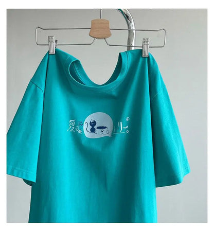 Korean style fun cat print men short-sleeved T-shirt new lazy style y2k simple casual versatile salt loose half-sleeved T-shirt Street King Limited