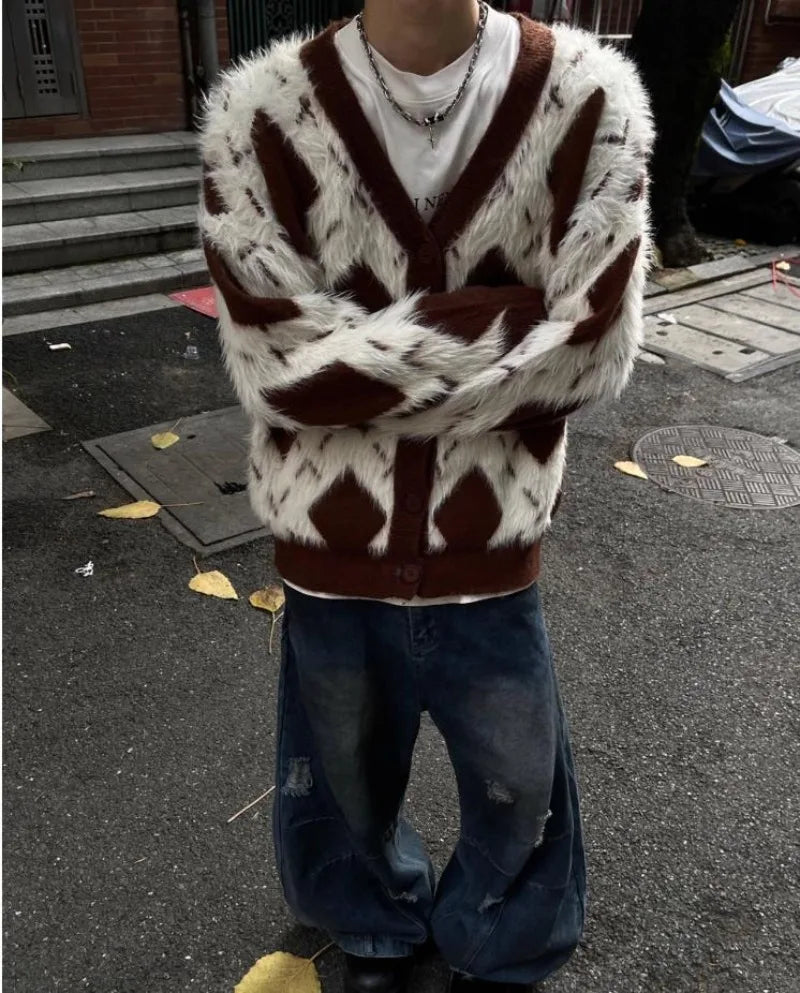 2024 New College Casual Mens Cardigan Autumn Diamond Grid Color Block Street Unisex Knitted Jacket Loose V-neck Sweater Coats Street King Limited