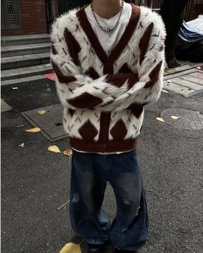 2024 New College Casual Mens Cardigan Autumn Diamond Grid Color Block Street Unisex Knitted Jacket Loose V-neck Sweater Coats Street King Limited