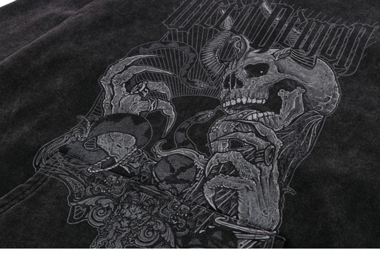 Hip Hop Streetwear Hoodie Sweatshirt Washed Vintage Devil Skull Skeleton Graphic Cotton Men Hooded Pullover Retro Punk Hoodie Street King Limited