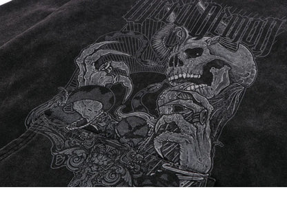 Hip Hop Streetwear Hoodie Sweatshirt Washed Vintage Devil Skull Skeleton Graphic Cotton Men Hooded Pullover Retro Punk Hoodie Street King Limited