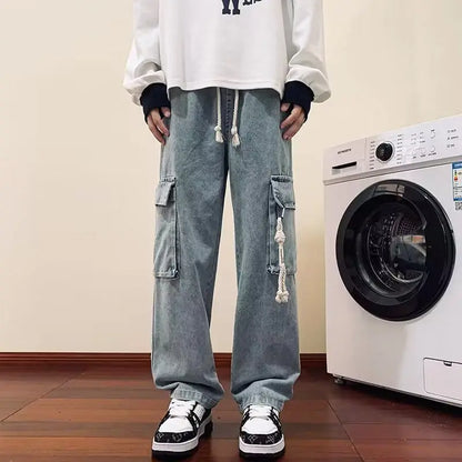 american retro and personalized straight leg jeans for men and women with hiphop big pocket design work pants loose casual pants urban skinny jeans