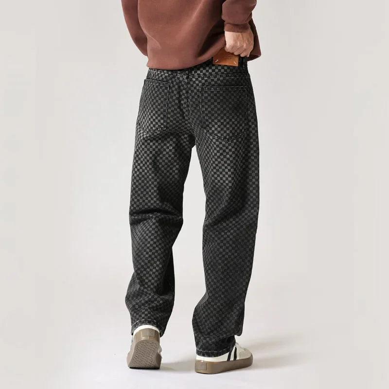 men streetwear fashion hip hop loose casual print black plaid denim pant jeans man vibe straight cowboy baggy jeans trousers stacked flare jeans