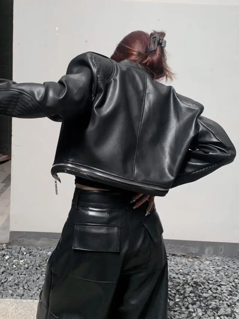 european and american heavy industry multi zipper design spider web shoulder pad leather jacket for women 2024 new jacket top unique default style 1577