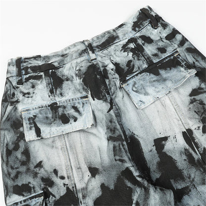 vintage dirty tie dye baggy jeans men multi pocket loose white straight jeans trousers luxury designer oversized denim pant unique jeans style 1936