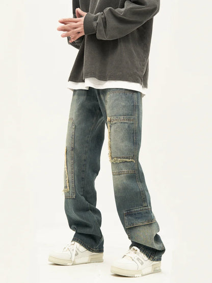 retro washed denim jeans destroyed ripped loose mens biker jeans side pocket fashion streetwear hip hop straight pants joggers casual joggers
