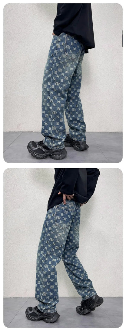 men jacquard streetwear hip hop vibe casual straight denim jeans pants boyfriend high street ripped jeans trousers unique jeans style 3013