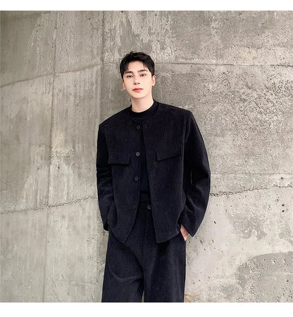 men 2 pieces sets corduroy short jacket wide leg pant suits korean streetwear fashion loose casual retro coat baggy trousers unique shorts style 2693