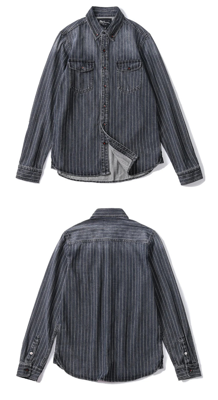 Amekaji VIntage Denim Shirt Men Spring Autumn New Lapel Multi-pocket Blue Striped Long Sleeve Cargo Shirt  Casual Cardigan Tops Street King Limited