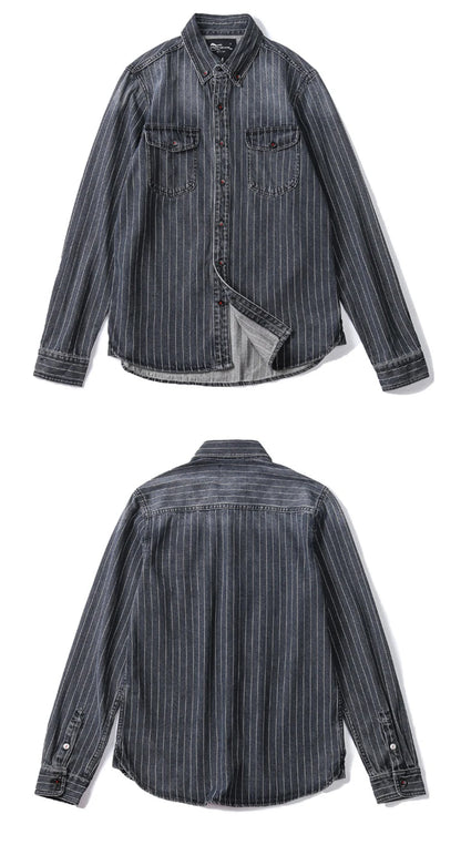 Amekaji VIntage Denim Shirt Men Spring Autumn New Lapel Multi-pocket Blue Striped Long Sleeve Cargo Shirt  Casual Cardigan Tops Street King Limited
